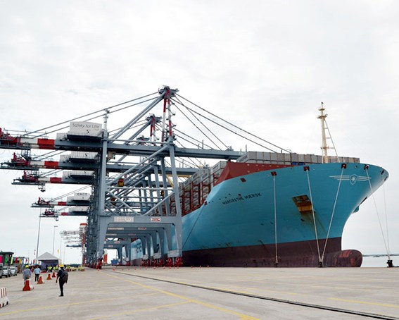 Siêu tàu container Margrethe Maersk cập cảng CMIT chiều ngày 20-2.